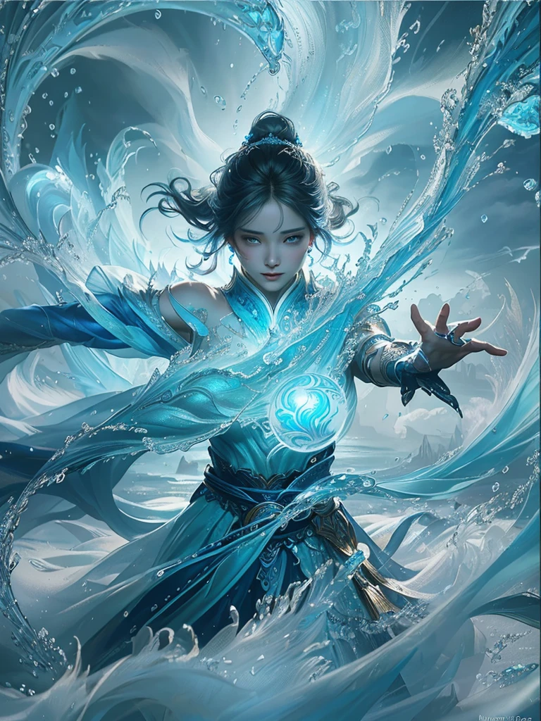 The painting shows a woman in a blue dress,Holding a blue ball in his hand, Graphic artist Magali Villeneuve, closeup fantasy with water magic, Asian female water element, Epic fantasy digital art style, Marguerite Villeneuve, High quality fantasy art, Epic and beautiful character art, digital fantasy art ), fantasy art behance, Fantasy card game art, trending digital fantasy art, author:Yang J