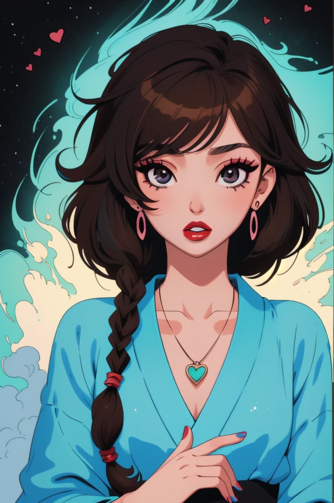 (masterpiece: 1.21), (illustration: 1.1), best quality, delicate details, refined rendering, (Menga style: 1.21), (Toon style: 1.33), 8k, toon style, (Japanese anime: 1.21), 1 girl, solo girl, solo, black eyes, aqua eyes, beautiful hand, random color nail polish, lips, random color lipstick, eyeliner, eyelashes, eye shadow, makeup, playful expressions, elegant pose, portrait, soft lighting, frontal light, volumetric lighting, Dark brown hair, earrings, necklace,
medium black hair, messy hair, parted bangs, dreadlocks, making Korean heart with fingers