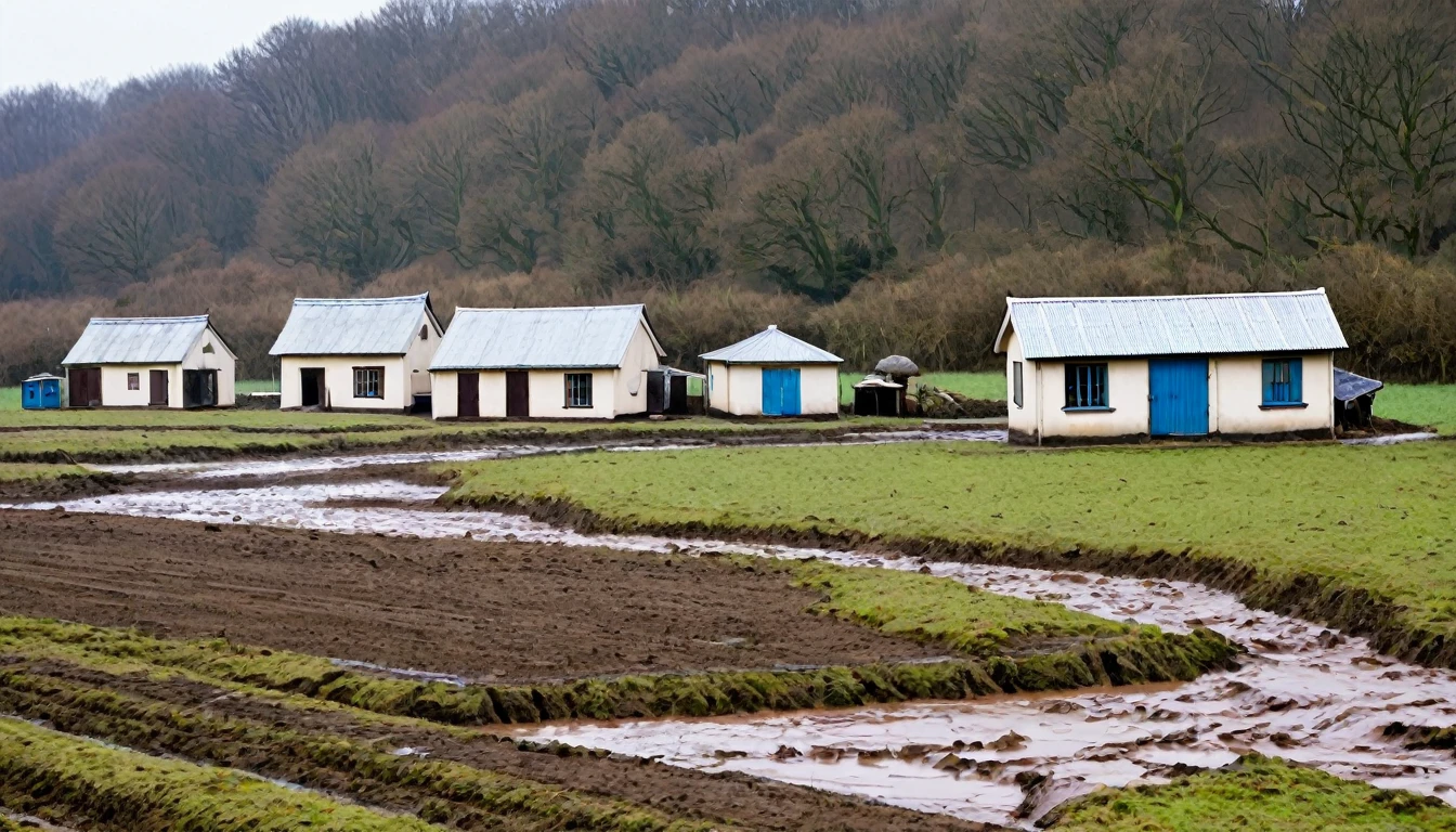 Picture of some simple small buildings with a muddy field