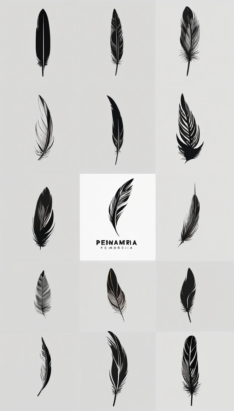 A minimal, modern, simple, cinematic logo design for the brand “Penamemoria". Create a modern, minimalistic, high-quality, logo of a bird feather