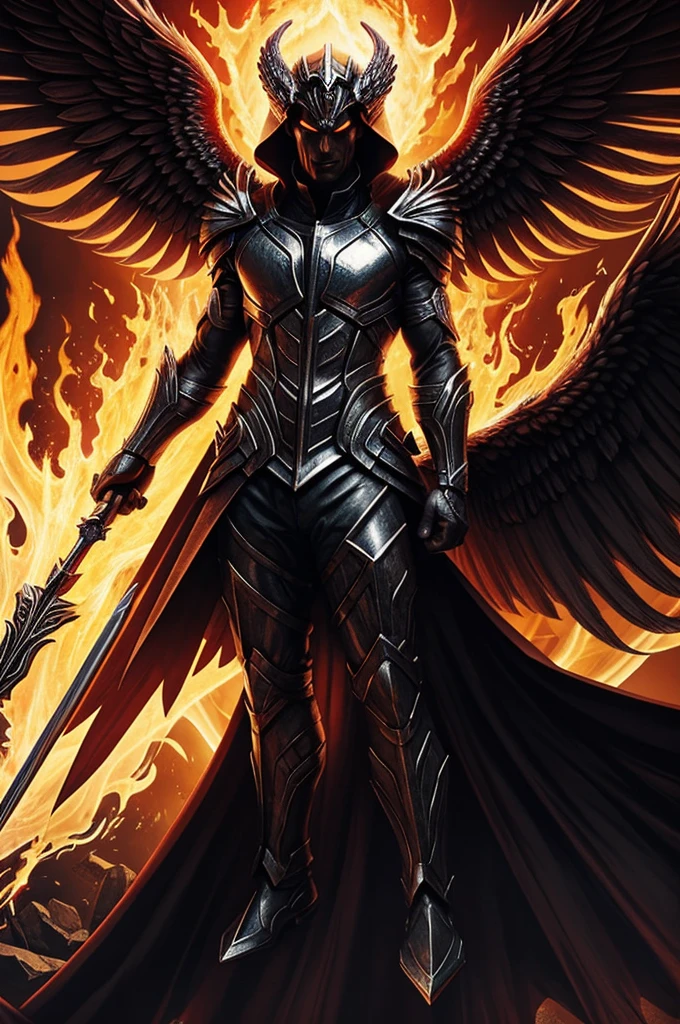 A demonic representation of an archangel fused with a phoenix