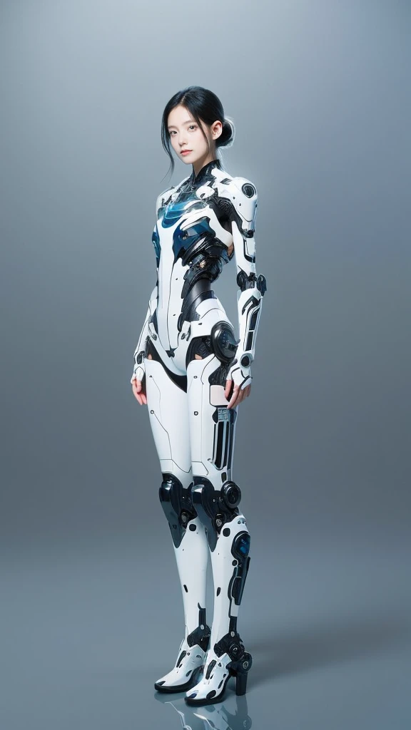 {{best quality, 1080P, Masterpiece, Ultra high resolution, photorealistic, ultra realism, Realistic skin texture, Extreme skin detail, dslr, Detailed eyes, blue eyes, Facing the camera, A very beautiful young face, Concise facial structure, Pale skin, Realistic skin texture, Extreme skin detail, oc render reflection textures, Realistic light and shadow, Single picture, alone, beautiful chinese girl face, The body is slim and balanced., Age 20, Height 170, naked girl, Nude, sexy pose, no underwear, A girl with the body of a mechanical robot., Transparent futuristic black glass mech armor suit, The mechanical cervix is attached to the neck., flat stomach, Girl with perfect robot arms and legs, You can see the pattern from the top of the head to the feet., Stand until you can see your feet., full body view, Whole body photo.}}