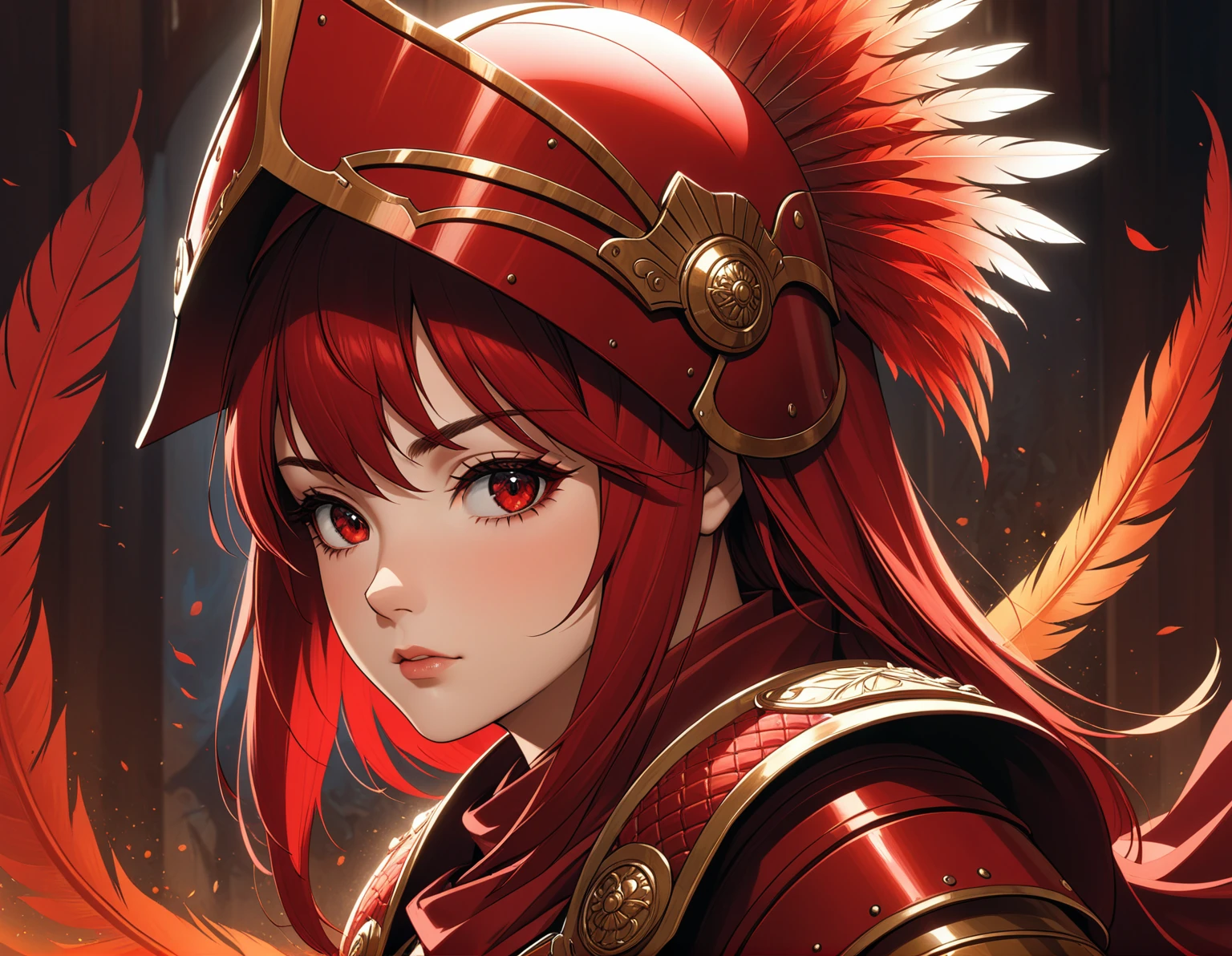 Mujer arafed con un casco y una pluma roja en la cabeza.,  una mujer guerrera, dama con armadura roja, artgerm y craig mullins, Hermosa guerrera,  2d, masterpiece, best quality, anime, highly detailed face, highly detailed background, perfect lighting