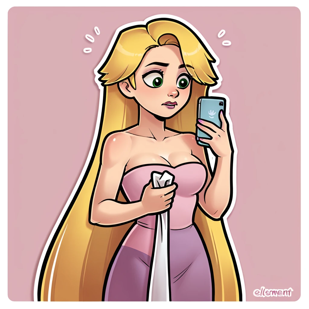 (score_9, score_8_up), Rapunzel, wrapped in towel, medium breasts, holding phone