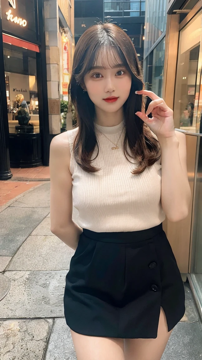 ((Highest quality,4K,High resolution,masterpiece:1.2)), 1 female, Big Breasts, Improve her overall look. (Brown hair short bob), ((Exquisite detail)), (((10 fingers))), (Standing still with confidence), (Full-body showcase), (Show your whole body), (Sleeveless knit), (mini skirt), Scenery of the city.