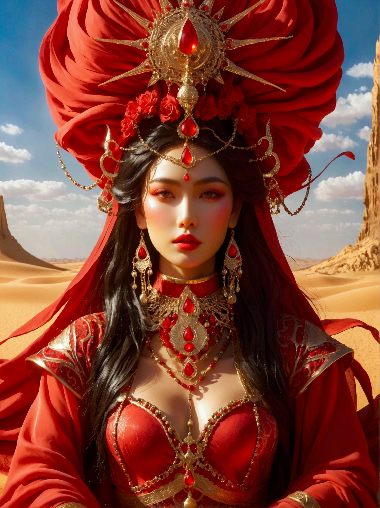 A mysterious desert princess dressed in bright red rules a dystopian desert kingdom,This ruthless figure sits on a massive throne in the desert kingdom's hall.,Surrounded by her powerful image and numerous kneeling, smaller figures,They devoutly regarded her as a divine ruler.