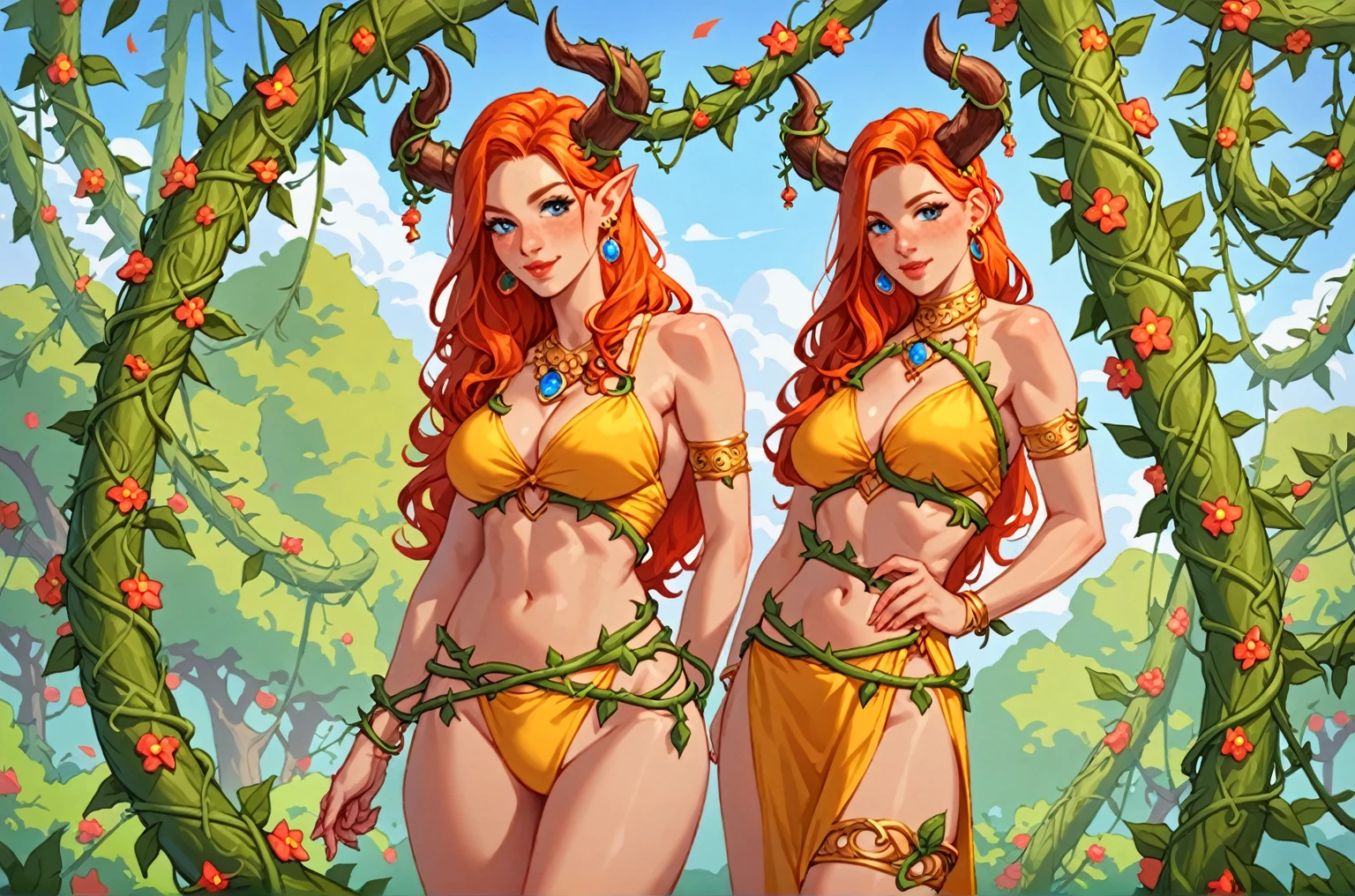 score_9, score_8_up, score_7_up, score_6_up, score_5_up, score_4_up, BREAK source_anime, yellow medieval summer girl, concept, vines on the hand and horns from vines
