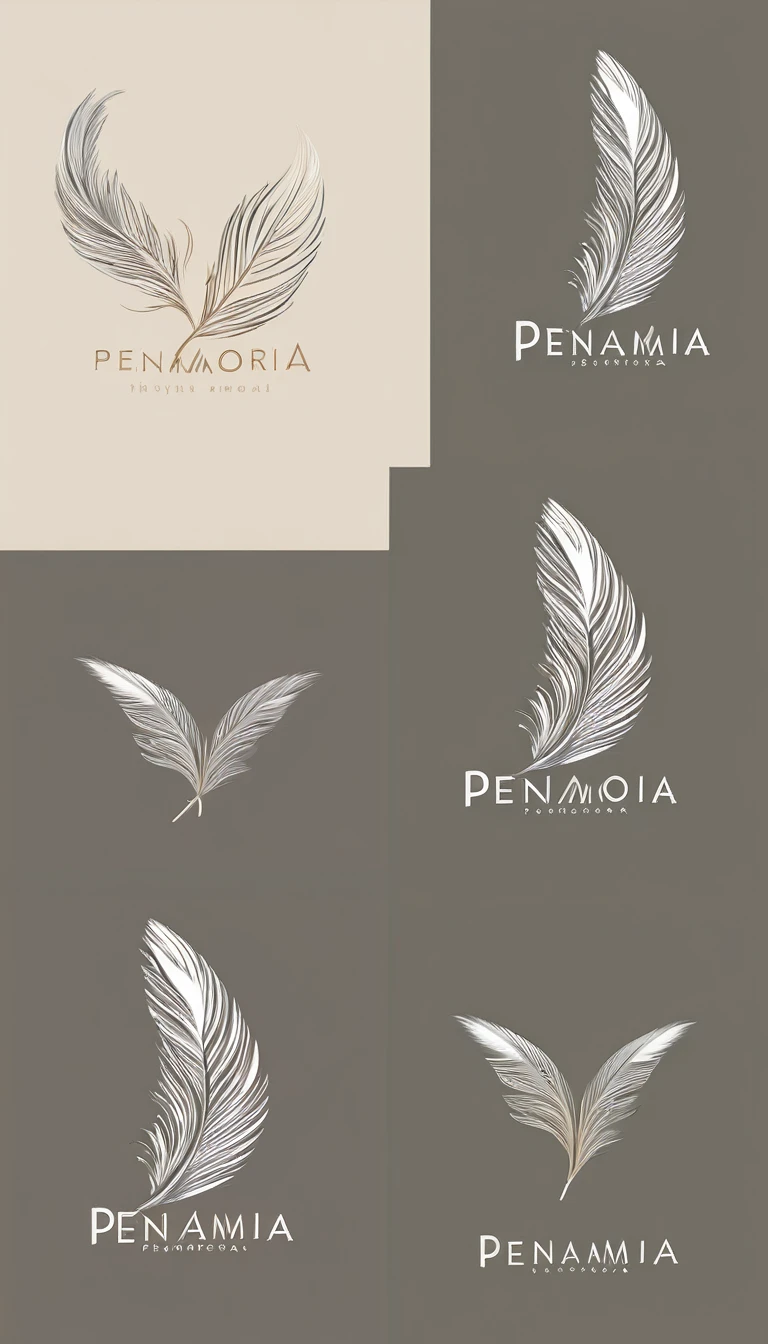 Create a minimal, modern, simple, inspirational, memorable, dream like logo design of a feather for the brand “Penamemoria".