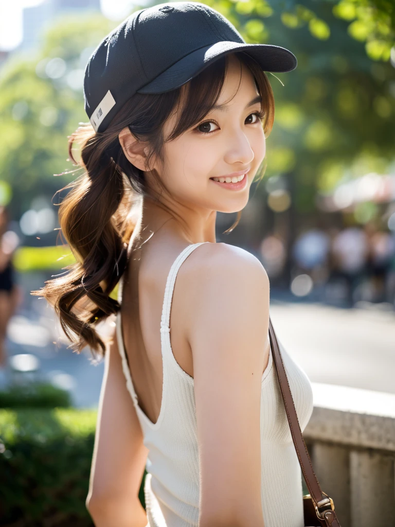((Ultra high resolution, highest quality, masterpiece: 1.2), (realistic, photorealistic: 1.37), highly detailed, (Sunny daytime in Shibuya, professional lighting, photon mapping, radiosity, physically-based rendering, masterpiece, rich details, background blur))
A cute Japanese woman, 18 years old, wearing a casual outfit. The outfit consists of a white baseball cap, a pink sleeveless crop top, and dark brown pants. She is carrying a small, textured handbag. Her hair is styled in long, wavy twin-tails with a light brown color, partially hidden under the cap. She has a happy smile, showing her teeth, and has glossy skin and shiny hair. The scene is highly detailed, with professional and realistic lighting. The style is realistic and photorealistic, with extreme attention to detail, and the character has an anatomically correct body structure. The character has a nice body and very beautiful skin. She is facing to the right, looking away from the camera with a natural, candid expression. Her gaze is directed to her right, avoiding the camera completely. (Correct body structure, accurate anatomy, ultra-high quality, realistic lighting, nice body, very beautiful skin, sunny daytime in Shibuya, background blur, facing right, looking away from the camera, natural candid photo)