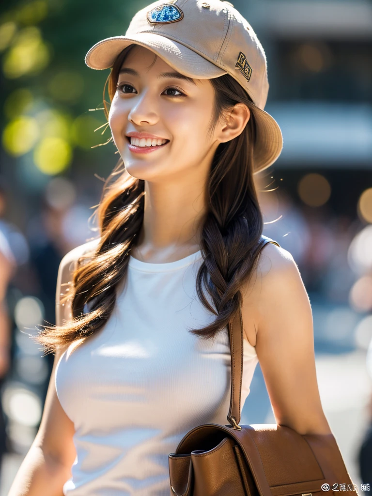 ((Ultra high resolution, highest quality, masterpiece: 1.2), (realistic, photorealistic: 1.37), highly detailed, (Sunny daytime in Shibuya, professional lighting, photon mapping, radiosity, physically-based rendering, masterpiece, rich details, background blur))
A cute Japanese woman, 18 years old, wearing a casual outfit. The outfit consists of a white baseball cap, a pink sleeveless crop top, and dark brown pants. She is carrying a small, textured handbag. Her hair is styled in long, wavy twin-tails with a light brown color, partially hidden under the cap. She has a happy smile, showing her teeth, and has glossy skin and shiny hair. The scene is highly detailed, with professional and realistic lighting. The style is realistic and photorealistic, with extreme attention to detail, and the character has an anatomically correct body structure. The character has a nice body and very beautiful skin. She is facing to the right, looking away from the camera with a natural, candid expression. Her gaze is directed to her right, avoiding the camera completely. (Correct body structure, accurate anatomy, ultra-high quality, realistic lighting, nice body, very beautiful skin, sunny daytime in Shibuya, background blur, facing right, looking away from the camera, natural candid photo)