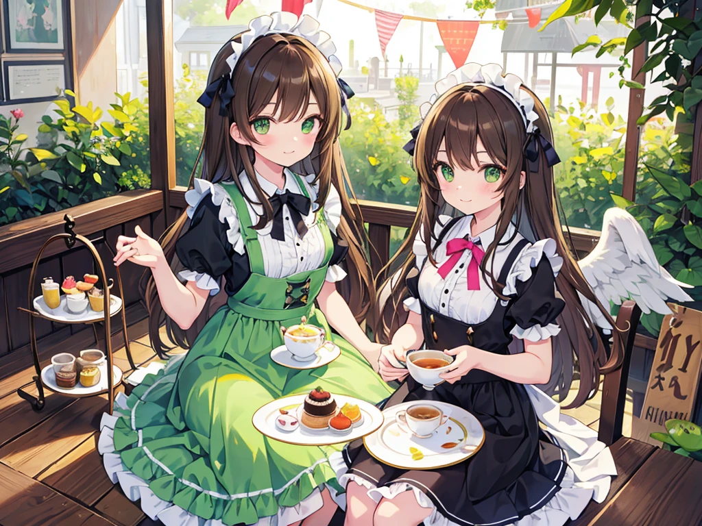 kawaii, anime, Cute, hyper quality, highly detailed, 16k, Front facing, Clarity, smile, girl, dark brown long hair, green eyes, highlight on eyes, Kiwi fruit, Tea party, black tea, upper body, Afternoon tea, Macaron, tart, fruits, full of light, prism effect, heart accessories, angel wing accessories, ruffle ribbon, Maid clothes, sit on a chair, fruit and tea on the table, Fruit basket, garden party, glass teapot, birds chirping, tea party in the garden, table cloth, golden kiwi, kiwi, sliced kiwi,