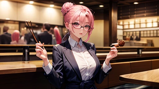 masterpiece, Highest quality,  Unreal Engine,  Super Resolution,  Very detailed, 

1. Young and beautiful woman,  Glasses, pink hair bun, Waist,  thin, Round Breasts,  Big Breasts,  bold,  Lips parted,  Observe the audience, 

Yakitori restaurant, Sitting, Eat yakitori, Waist shot, 

Simple background anime style,  Key Visual, Office lady in a suit, Sticky with sweat,