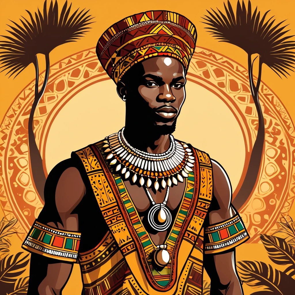 man in african folk outfit, vector graphics, strong contours
