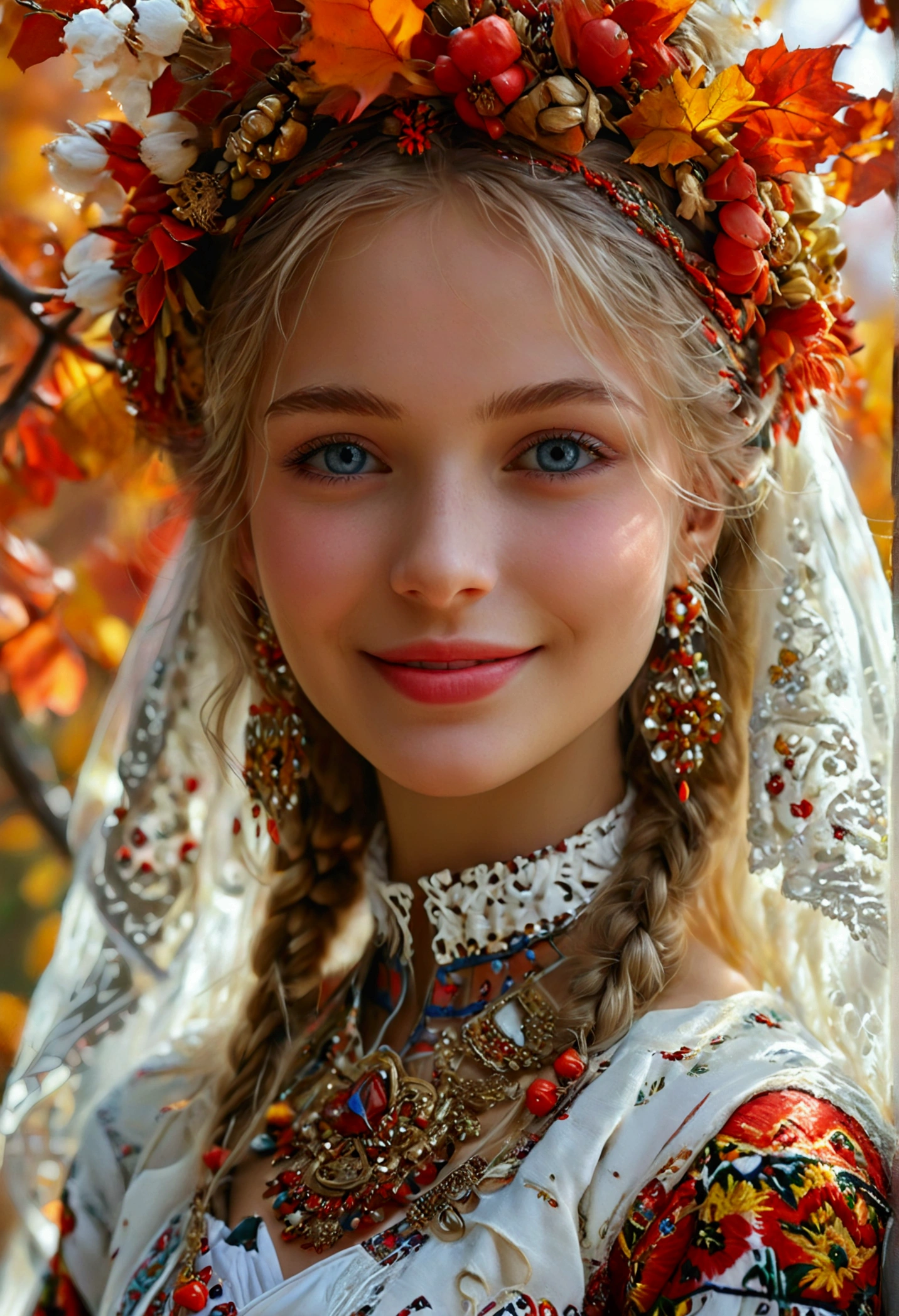 (best quality,4k,8k,highres,masterpiece:1.2),ultra-detailed,realistic, close-up of a smiling Ukrainian girl in a vibrant white national costume with the inscription "I love Ukraine". The girl has beautiful blonde hair and wears stunning makeup that enhances her features. Her eyes sparkle with joy, and her lips radiate a warm and welcoming smile. The costume has intricate embroidery and unique patterns that represent the rich Ukrainian culture. The girl's open neckline accentuates her graceful neck and adds a touch of elegance to the overall composition. The scene is set against a backdrop of breathtaking autumn colors, with vibrant red, orange, and golden leaves adorning the trees. The atmosphere is filled with the warm glow of a sunny day, enveloping the girl and highlighting her beauty. The composition captures the essence of Ukrainian pride, joy, and the love for their country. This artwork is created with the medium of an exquisite oil painting, allowing for meticulous brushstrokes and intricate details. The realistic rendering ensures that every aspect of the girl's appearance and the costume is captured authentically, reflecting the artist's attention to detail. The painting exhibits vivid colors that bring the entire composition to life, making it visually stunning. The lighting in the painting is carefully orchestrated, casting gentle rays of sunlight that softly illuminate the subject, creating depth and adding a touch of magic to the scene.