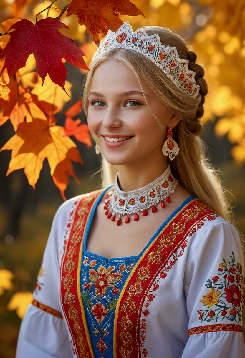 (best quality,4k,8k,highres,masterpiece:1.2),ultra-detailed,realistic, close-up of a smiling Ukrainian girl in a vibrant white national costume with the inscription "I love Ukraine". The girl has beautiful blonde hair and wears stunning makeup that enhances her features. Her eyes sparkle with joy, and her lips radiate a warm and welcoming smile. The costume has intricate embroidery and unique patterns that represent the rich Ukrainian culture. The girl's open neckline accentuates her graceful neck and adds a touch of elegance to the overall composition. The scene is set against a backdrop of breathtaking autumn colors, with vibrant red, orange, and golden leaves adorning the trees. The atmosphere is filled with the warm glow of a sunny day, enveloping the girl and highlighting her beauty. The composition captures the essence of Ukrainian pride, joy, and the love for their country. This artwork is created with the medium of an exquisite oil painting, allowing for meticulous brushstrokes and intricate details. The realistic rendering ensures that every aspect of the girl's appearance and the costume is captured authentically, reflecting the artist's attention to detail. The painting exhibits vivid colors that bring the entire composition to life, making it visually stunning. The lighting in the painting is carefully orchestrated, casting gentle rays of sunlight that softly illuminate the subject, creating depth and adding a touch of magic to the scene.