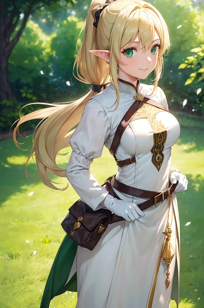 (((masterpiece; best quality: 1.2))), (finely detailed eyes: 1.3), (25 year old elf woman), (solo), (green eyes: 1.4), (body; lithe, fit, femenine: 1.3), (silky blonde hair + low ponytail: 1.3), (beautiful and clear background: 1.2), ((depth of field)), (equipment: adventurer attire + modest + long white tunic-coat + black longskirt + gloves + belt + pouches: 1.3), (anime illustration: 1.2), (background composition; royal garden: 1.1), (extremely fine and beautiful: 1.1), (shot composition; standing + centered on torso + close-up: 1.5), (expression; calm, smile: 1.2)