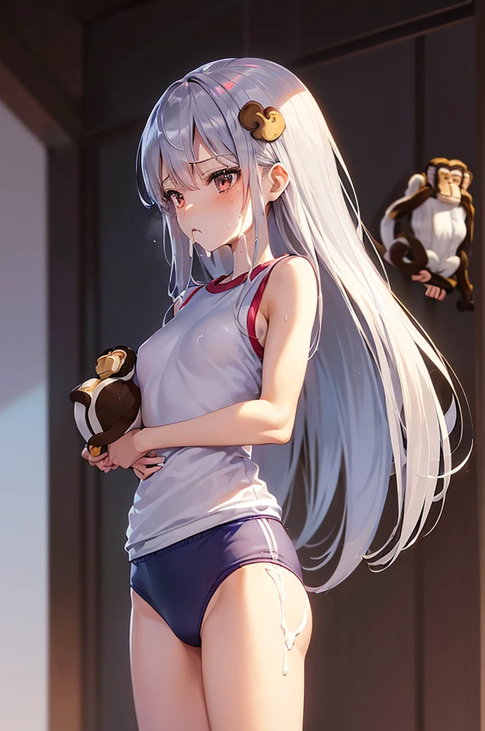 masterpiece, best quality,anime style, 1 girl,(((slender body))), (((small eyes,small breast))),(((gym uniform))),(((((3 monkey grabbing the girl))))),((((cum facial)))), (beautiful face), (((long hair))), (((straight hair))), ((((silver hair)))),detailed beautiful skin, (perfect hands, perfect anatomy)