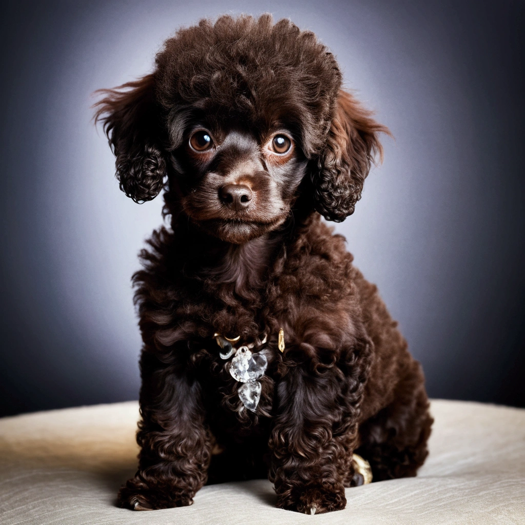 (masterpiece), Highest quality, Expressive eyes, Perfect Face, black chocolate toy poodle, Fluffy fur, slender and elegant dog