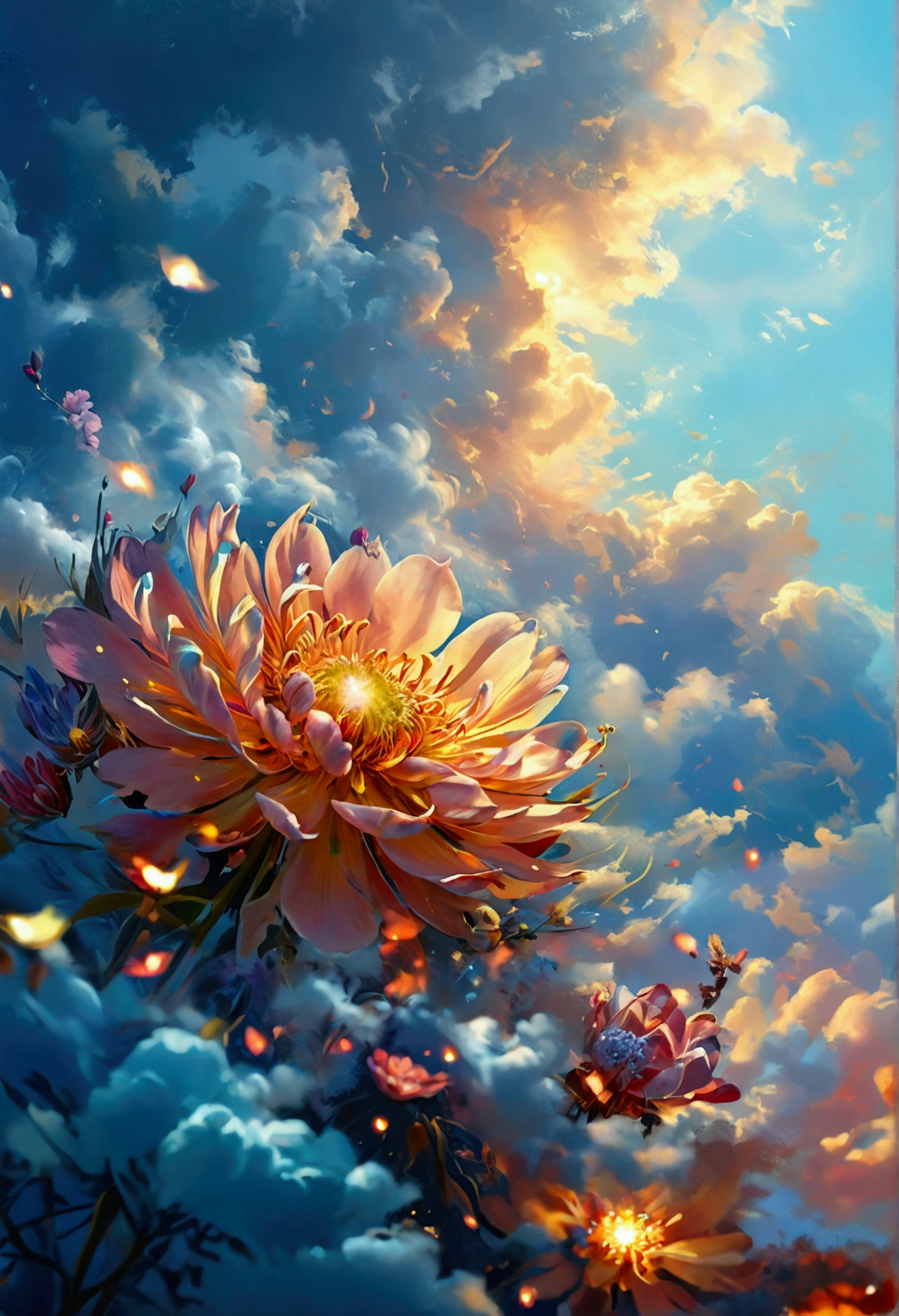 The prompt for stable diffusion is:
"blue sky, Bright light, happiness, A radiant smile, Sparkling, flower, flower garden, Hello, cloud"

Please note that the prompts are translated from Chinese to English.
