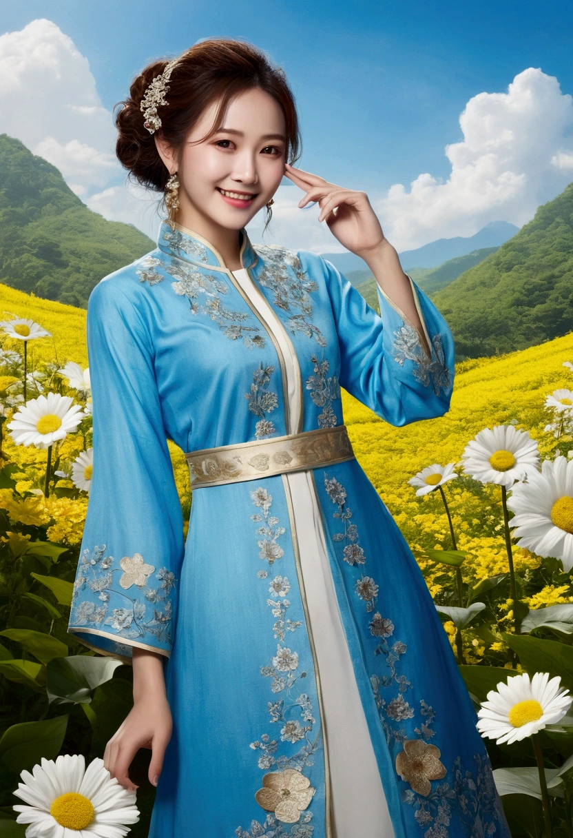 The prompt for stable diffusion is:
"blue sky, Bright light, happiness, A radiant smile, Sparkling, flower, flower garden, Hello, cloud"

Please note that the prompts are translated from Chinese to English.