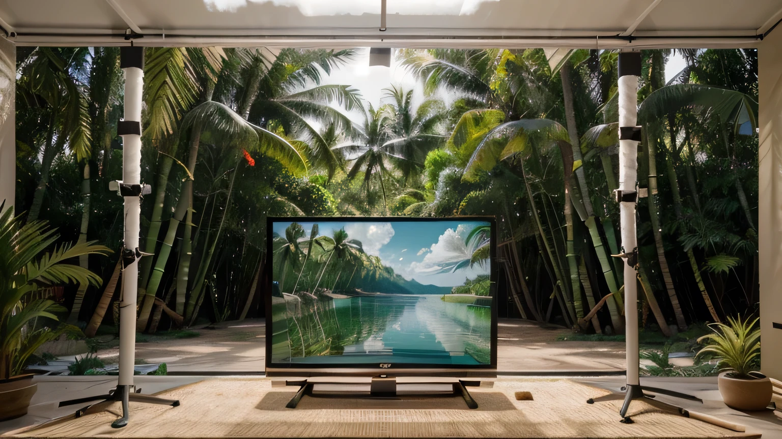 Construct an image of a 1960s-style television, front and center with a chroma key green screen, which covers the majority of the visual space. The television rests on a bamboo stand, blending naturally with the tropical environment in the background. This background should feature a serene beach scene with multiple palm trees and a calm sea under a bright sky. Aim for a photorealistic representation with the depth and precision typical of high-end photography, such as that seen in National Geographic, captured as if through a Hasselblad lens, with perfect, even lighting to enhance the realism and depth of the scene.