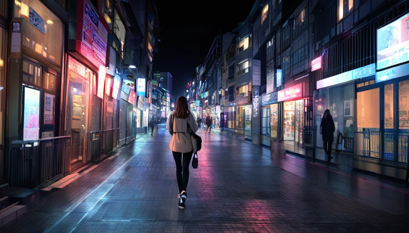 Back view of a female college student walking through the city at night