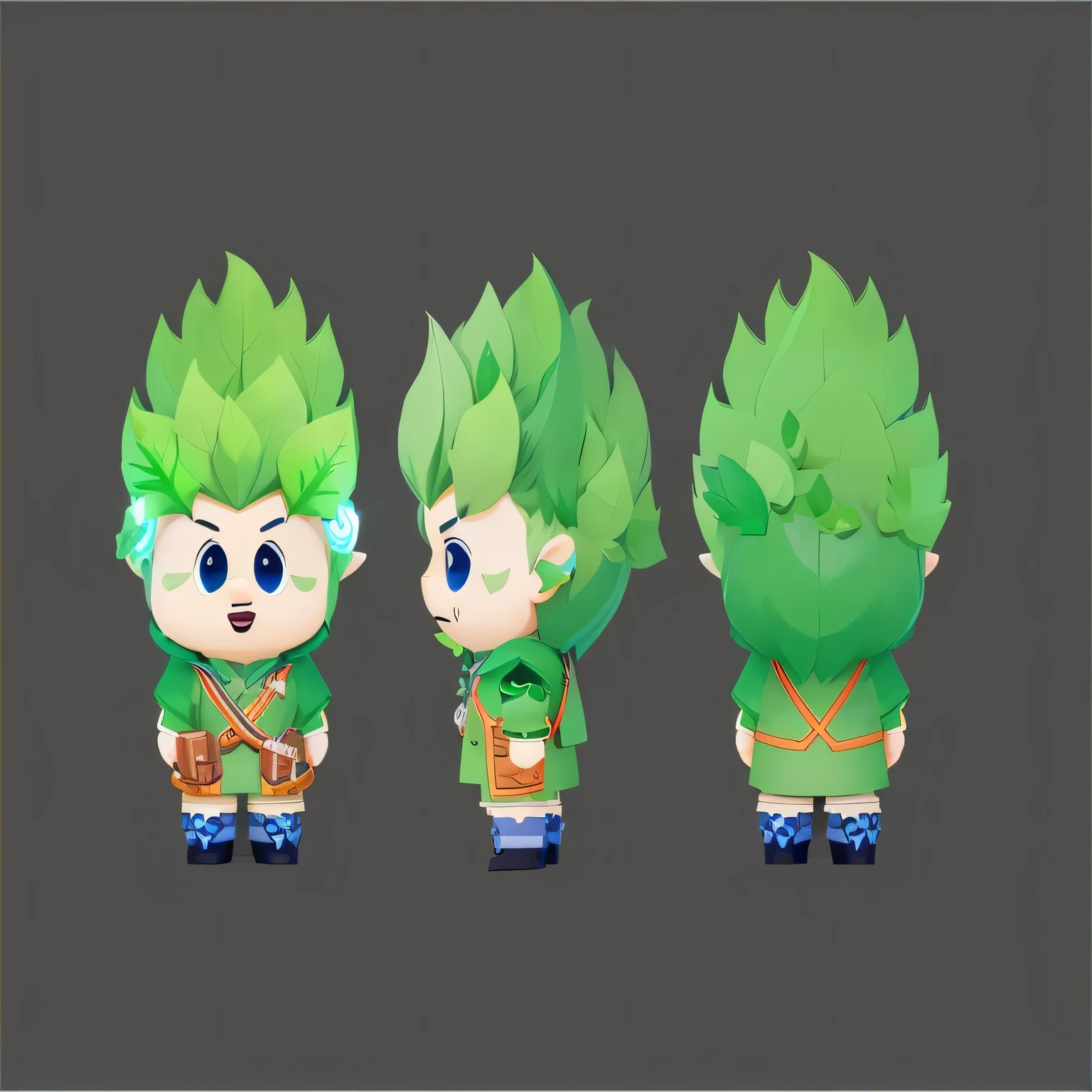 Boy cartoon character with a green leaf on his head, game character design, Maple Story Character Art, Game assets of plant and tree, gentlemen. Halo character design, game character, Characters based on Haggis, Stylized characters, High-quality character design, Stylized characters design, Elf Character, Game assets, game character art, videogame character，IP three views，front，side，back，Blind Box，C4D