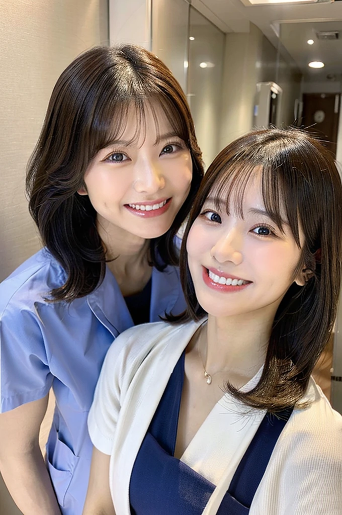 Dental hygienist, 2 women 横並び smile 青色の医療スクラブ着用 日本人 黒髪 20代前半女性 Upper body close-up smile Photo shoot at the clinic Harmony々