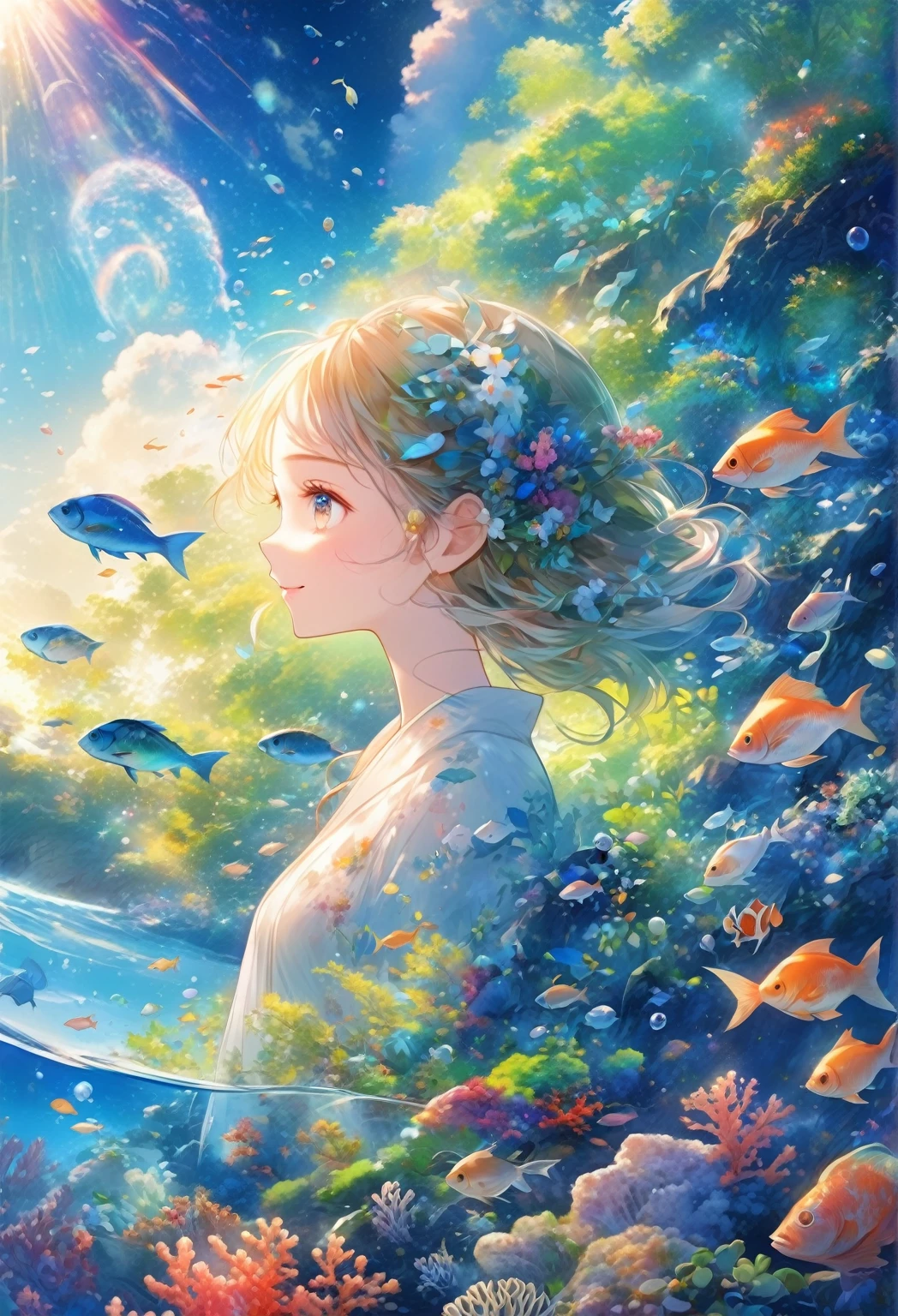 anime smiling girl looking at fish in the ocean, a beautiful artwork illustration, beautiful anime artwork, anime art wallpaper 4 k, anime art wallpaper 4k, wallpaper anime blue water, anime art wallpaper 8 k, beautiful anime art, anime style 4 k, anime wallpaper 4 k, anime wallpaper 4k, makoto shinkai cyril rolando, beautiful anime, anime nature