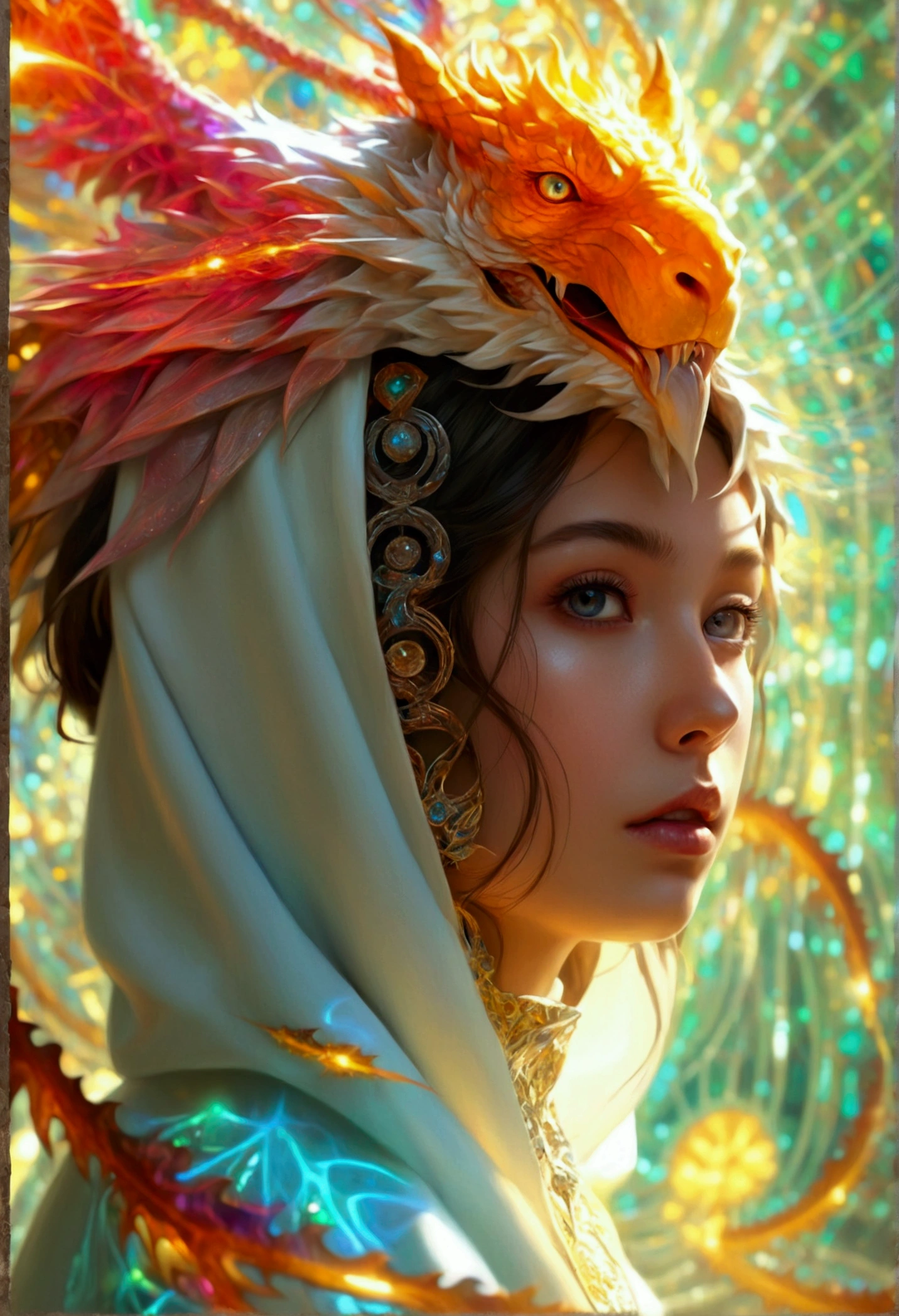 (masterpiece, top quality, best quality, official art, beautiful and aesthetic:1.2), (1girl), extreme detailed eyes, (fractal art:1.3), colorful, highest detailed, (perfect face), shiny skin, HDR, (white cloak golden lines:1.2), galaxy, (light streaks), striking visuals, (dynamic streaks, luminous trails:1.2), vibrant colors, (phoenix), (dragon)