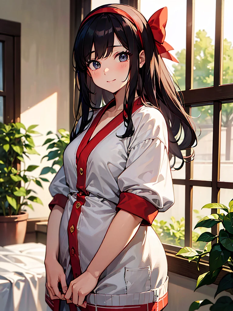 (​masterpiece、top-quality、hight resolution), Create an image of a woman with a pure and innocent appearance, dressed in modest and elegant clothing. She should have an air of sophistication and refinement, with a gentle smile and a calm demeanor. The background can be a tasteful and upscale environment, such as a garden or a well-decorated room, emphasizing her outwardly pure and reputable persona. The image should subtly suggest a hidden, more promiscuous side without being explicit. ((red ribbon, hair band, cardigan, Glamorous body)), 