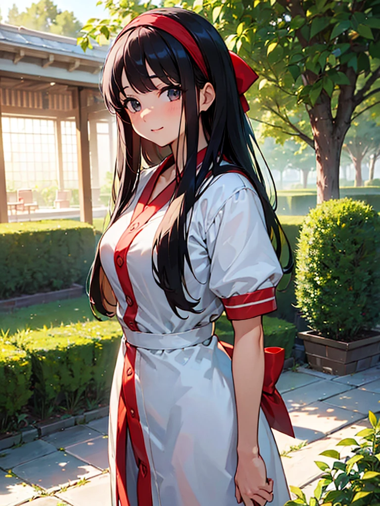 (masterpiece、top-quality、hight resolution), Create an image of a woman with a pure and innocent appearance, dressed in modest and elegant clothing. She should have an air of sophistication and refinement, with a gentle smile and a calm demeanor. The background can be a tasteful and upscale environment, such as a garden or a well-decorated room, emphasizing her outwardly pure and reputable persona. The image should subtly suggest a hidden, more promiscuous side without being explicit. ((red ribbon, hair band, cardigan, Glamorous body)),