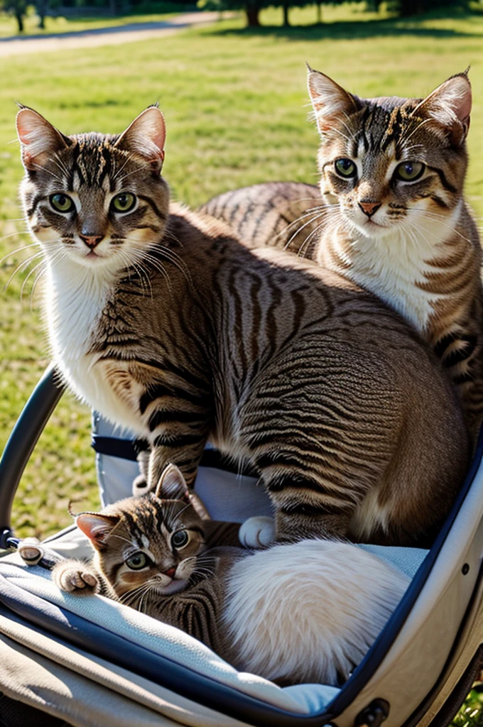 Mamma cat with their kittens, taking a ride at park, on a sunny afternoon.