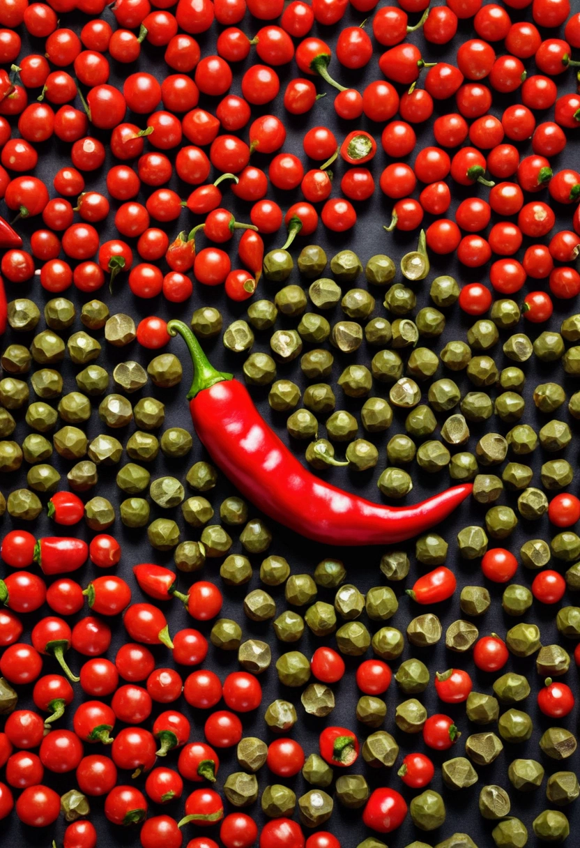 Green peppercorns、red pepper、rainbow structure arrangement、Taijitu、chili pepper