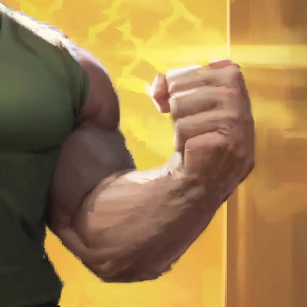 there is a man with a fist in a green shirt, buff man, heavy gesture style closeup, very buff, inspired by Daryush Shokof, buff painting, strong arms, big arms, detailed arms, muscular male hero, super buff and cool, strong and imposing, big biceps, muscular!, muscular! fantasy, muscular character, showing off biceps