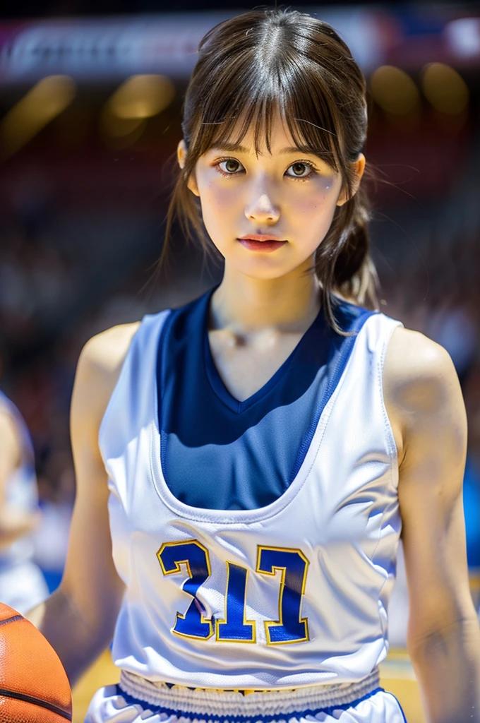 (masterpiece, ultra-detailed, ultra-realistic, best quality, clear focus, photorealistic), solo, 1 woman, (ultra-high resolution, 8k, 16k:1.3), (full body:1.3), very wide shot, (perfect anatomy:1.3), perfect face, (detailed face, detailed eye), (18 years old Japanese idol but famous professional basketball player), she belongs to the famous team, (wearing a colorful with cute her Team's basketball uniform made of very thick leather:1.2), (Playing basketball at stadium with a full house:1.3), (very large breasts:1.3), slim waist, (very beautiful with very cute but cool boyish face:1.2), (Bad girl:1), cool girl atmosphere, makeup, (eyeliner:1.3), sweat, wet hair, (dynamic angle:1.3), (breasts focus), very slender but very muscular, very broad shoulders, painful expressions, (strong light, flat light:1.3), basketball ball, tanned face