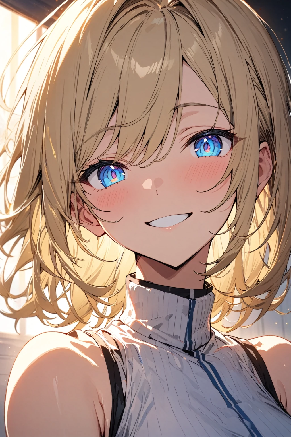 masterpiece, best quality, extremely detailed face, extremely detailed, handsome girl, solo, blonde hair, blue eyes, bright eyes, high neck, sleeveless, smile, perfect lighting, best angle