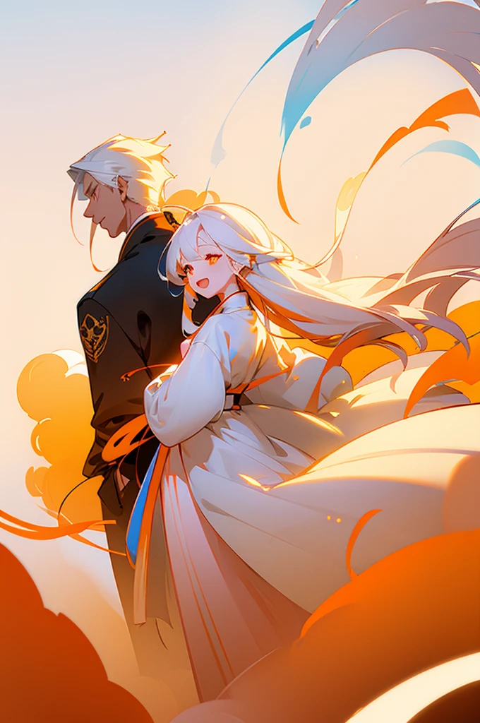 high quality , one white hair girl and one white hair boy, long hair, wuxia character, ((white clothes with blue and orange accent)), ink painting background, flat background, minimalist background, wind pattern background, smiling, standing back to back, white background, cinematic lingting, open mouth, bust shot