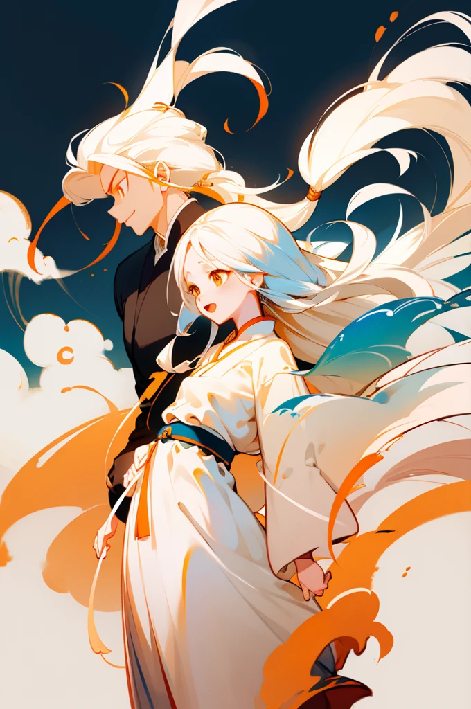 high quality , one white hair girl and one white hair boy, long hair, wuxia character, ((white clothes with blue and orange accent)), ink painting background, flat background, minimalist background, wind pattern background, smiling, standing back to back, white background, cinematic lingting, open mouth, bust shot