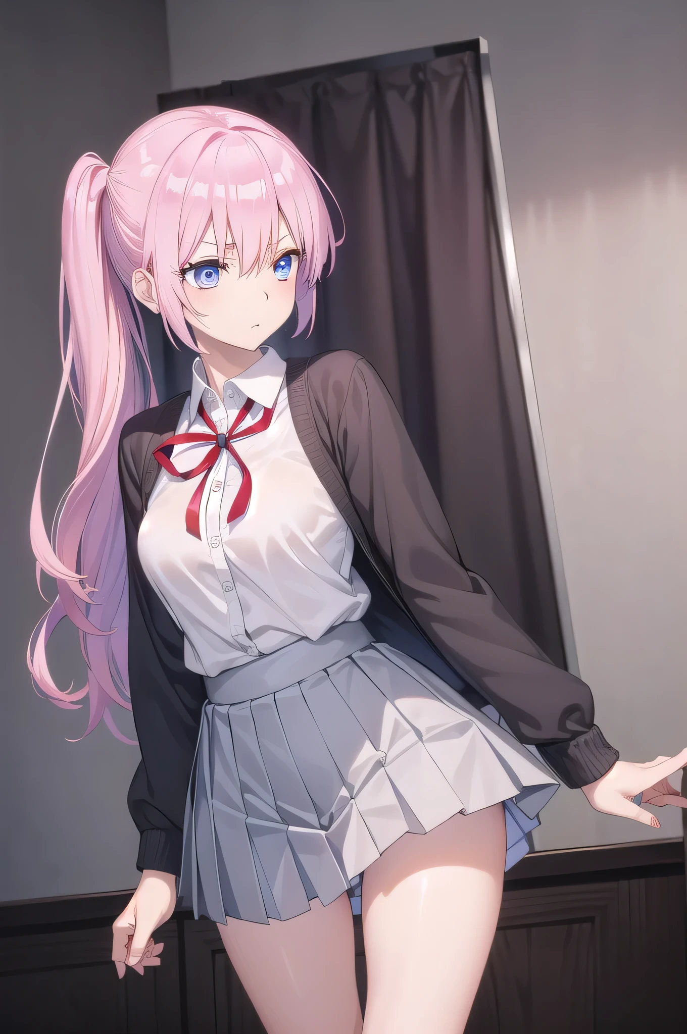 miyakoshikimori, miyako shikimori, Long Hair, blue eyes, Hair between the eyes, Pink Hair,
break skirt, shirt, , white shirt, Pleated skirt, collared shirt, sweater, Grey Skirt, ribbon, red ribbon,
break looking at viewer,
break indoors, classroom,
break (masterpiece:1.2), highest quality, High resolution, unity 8k wallpaper, (figure:0.8), (Beautiful fine details:1.6), Highly detailed face, Perfect lighting, Highly detailed CG, (Perfect hands, Perfect Anatomy),tight,NSFW,Pussy、Pussy、Pussy、Maid clothes,Nsfw,pussy juice,slut:1.5), tight shirt