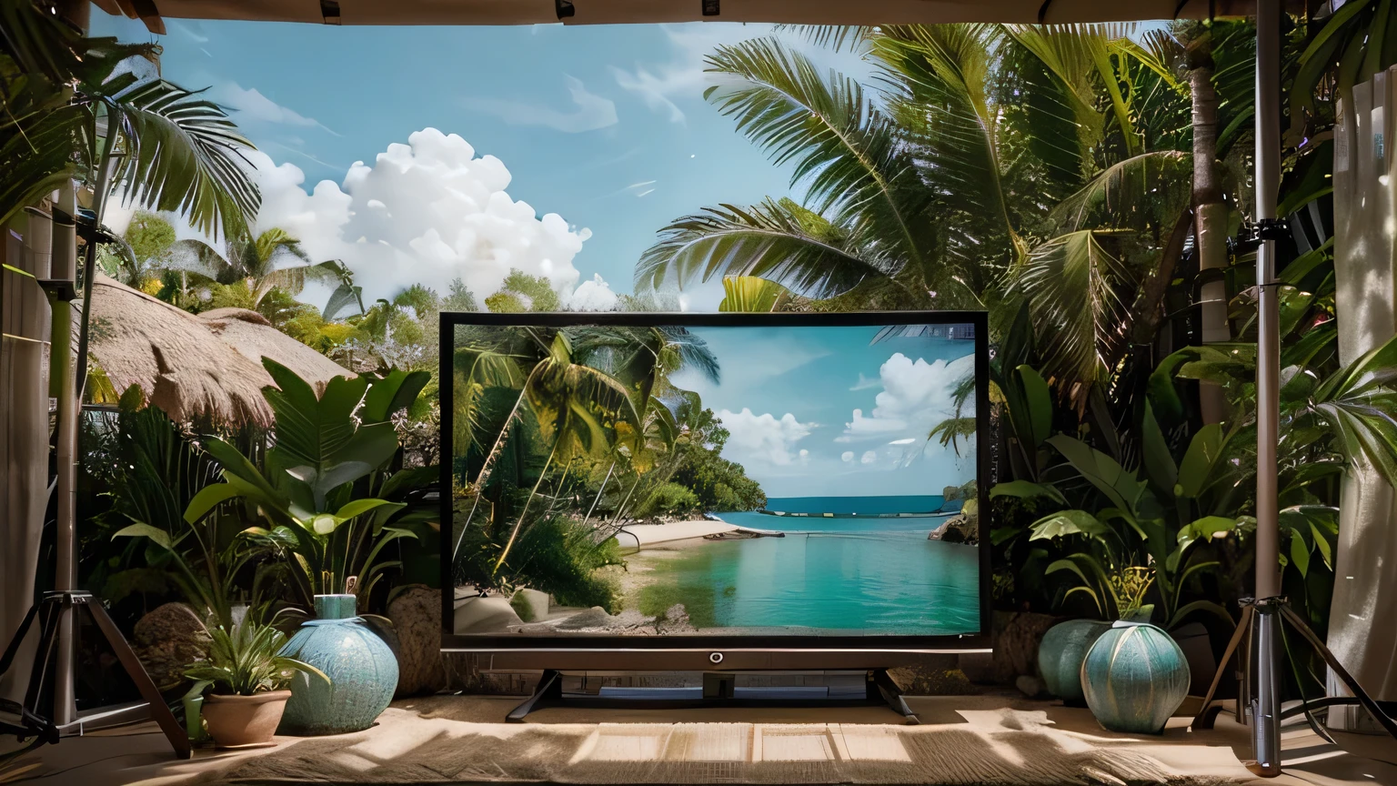 Construct an image of a 1960s-style television, front and center with a chroma key green screen, which covers the majority of the visual space. The television rests on a bamboo stand, blending naturally with the tropical environment in the background. This background should feature a serene beach scene with multiple palm trees and a calm sea under a bright sky. Aim for a photorealistic representation with the depth and precision typical of high-end photography, such as that seen in National Geographic, captured as if through a Hasselblad lens, with perfect, even lighting to enhance the realism and depth of the scene.