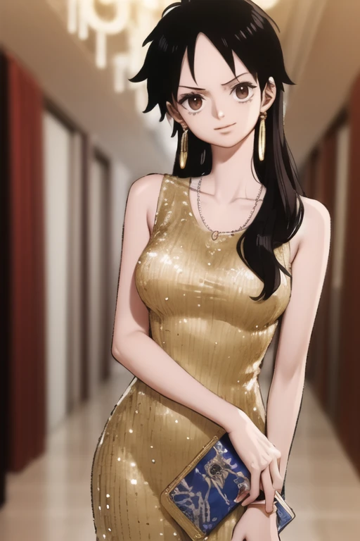 (masterpiece, best quality), beautiful face,  monkey_d_luffy, Luffy female, straw hat, scar, scar under eye, genderswap, brown eyes, elegant sleeveless dress, diamond necklace, emerald earrings, in the hall