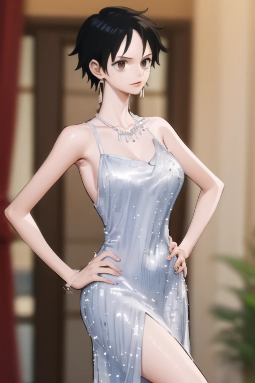 (masterpiece, best quality), beautiful face,  monkey_d_luffy, Luffy female, straw hat, scar, scar under eye, genderswap, brown eyes, elegant sleeveless dress, diamond necklace, emerald earrings, in the hall