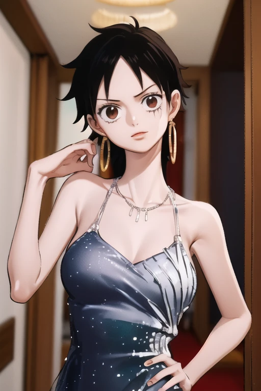 (masterpiece, best quality), beautiful face,  monkey_d_luffy, Luffy female, straw hat, scar, scar under eye, genderswap, brown eyes, elegant sleeveless dress, diamond necklace, emerald earrings, in the hall