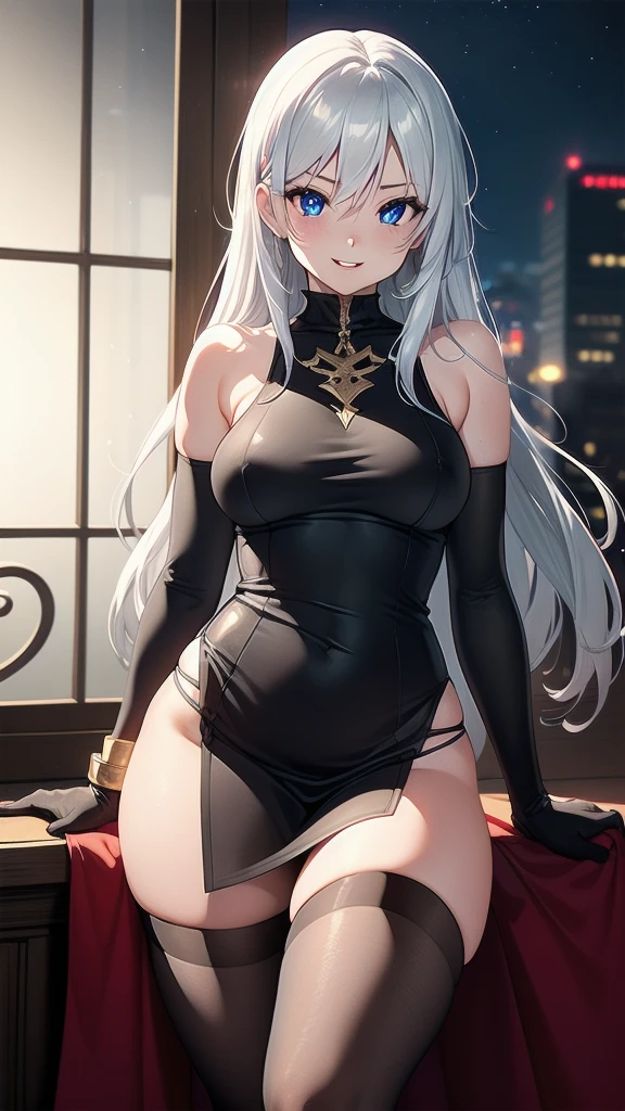 masterpiece, best quality, solo girl, silver hair, blue eyes, long hair, medium breasts, sexy body and face, wavy hair, smile, parted lips, gradient clothes, dress, elbow gloves, sleeveless, bare shoulders, cape, boots, bracelet, sleeveless dress, ribbon, black gloves, turtleneck, short dress, pantyhose, black footwear, night, sexy pose, cowboy shots, detailed body, face, and eyes, sharp focus, vibrant, creative, dynamic, high definition, high resolution, 8k, (Upscale: R-ESRGAN 4x+ Anime6mage enchance:4x), voluptuous body, cinema lightning, dakimakura style, looking at the viewer,
