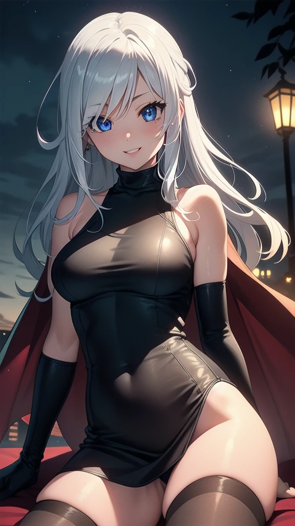 masterpiece, best quality, solo girl, silver hair, blue eyes, long hair, medium breasts, sexy body and face, wavy hair, smile, parted lips, gradient clothes, dress, elbow gloves, sleeveless, bare shoulders, cape, boots, bracelet, sleeveless dress, ribbon, black gloves, turtleneck, short dress, pantyhose, black footwear, night, sexy pose, cowboy shots, detailed body, face, and eyes, sharp focus, vibrant, creative, dynamic, high definition, high resolution, 8k, (Upscale: R-ESRGAN 4x+ Anime6mage enchance:4x), voluptuous body, cinema lightning, dakimakura style, looking at the viewer,