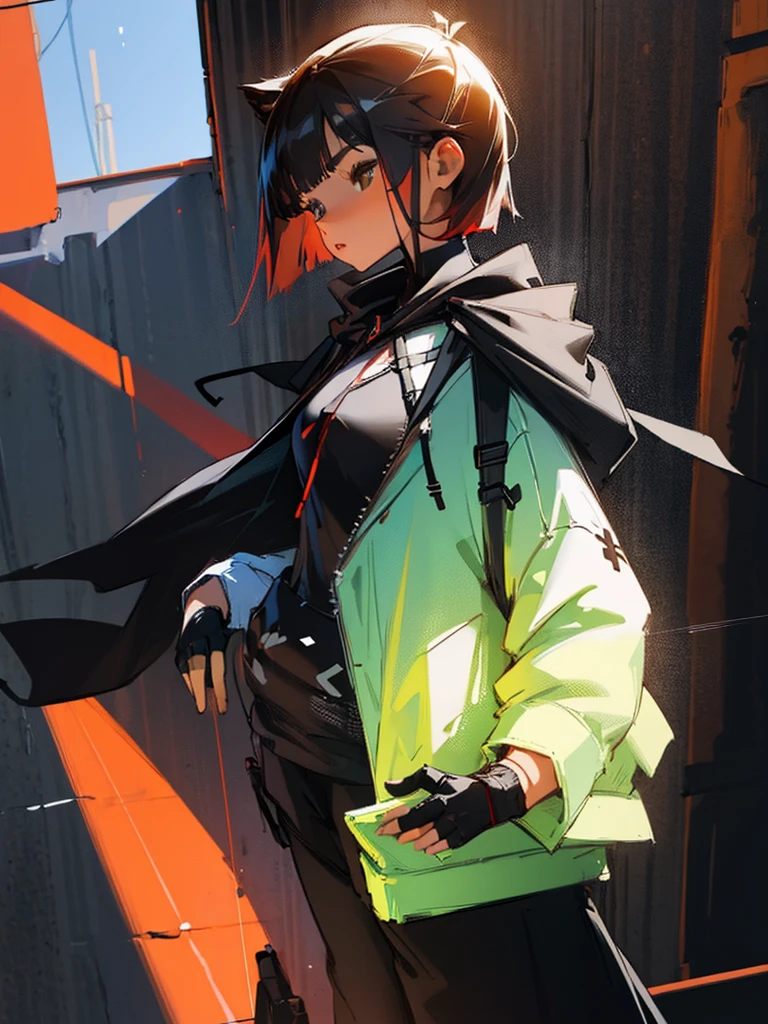 (((onli one woman))) girl with short red Bob style hair, white skin, light brown eyes, (((black gloves))), (((black hoodie))), black pants with straps (((Girl using smartphone))) background room