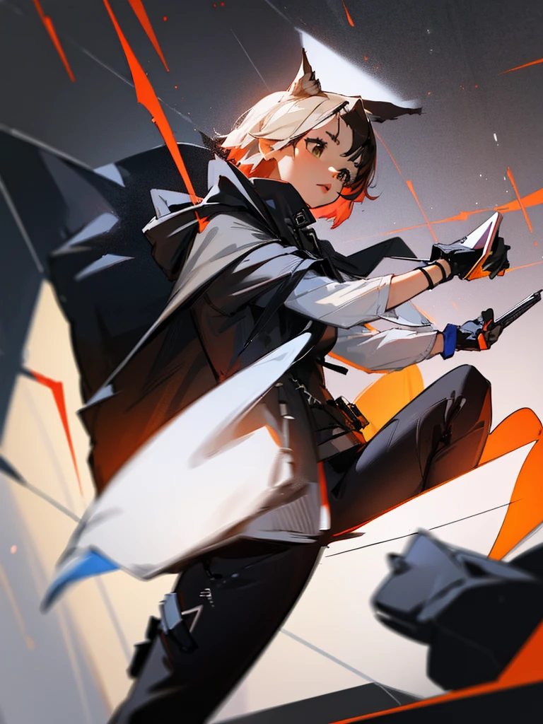 (((onli one woman))) girl with short red Bob style hair, white skin, light brown eyes, (((black gloves))), (((black hoodie))), black pants with straps (((Girl using smartphone))) background room