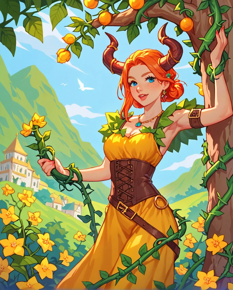 score_9, score_8_up, score_7_up, score_6_up, score_5_up, score_4_up, BREAK source_anime, yellow medieval summer girl, concept, vines on the hand and horns from vines