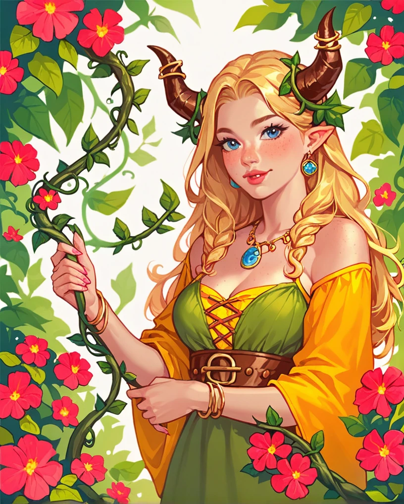 score_9, score_8_up, score_7_up, score_6_up, score_5_up, score_4_up, BREAK source_anime, yellow medieval summer girl, concept, vines on the hand and horns from vines